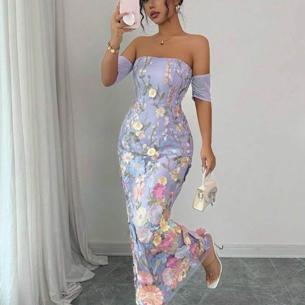 SHEIN Strapless Dress with Floral Embroidery in Lavender - Picture 6 of 6